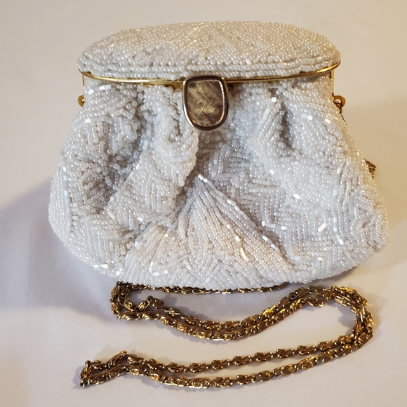 Handbags - Antique 1920s White Beaded Evening Purse | Gold Chain Frame